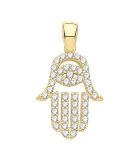 9ct Yellow Gold Hamsa Hand Simulated Diamond CZ Religious Charm Pendant UK Hallmarked | Shop Online Sarraf Jewellers UK - Sarraf Jewellers