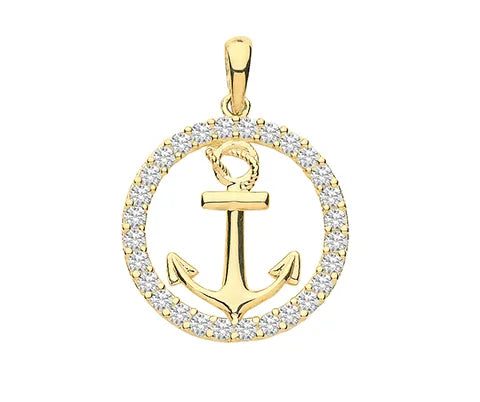 9ct Yellow Gold Round Anchor Mariner Charm Pendant Simulated Diamond CZ UK Hallmarked | Shop Online Sarraf Jewellers UK - Sarraf Jewellers