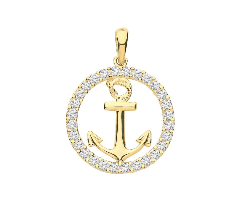 9ct Yellow Gold Round Anchor Mariner Charm Pendant Simulated Diamond CZ UK Hallmarked | Shop Online Sarraf Jewellers UK - Sarraf Jewellers