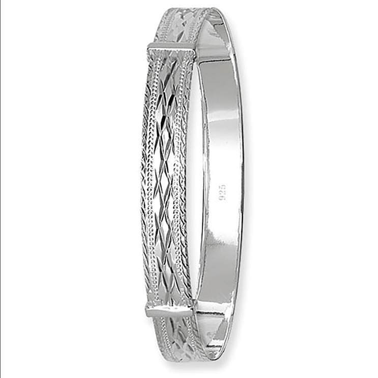 Silver Ladies Round Expandable Diamond Cut Design Bangle | Shop Online Sarraf Jewellers UK - Sarraf Jewellers