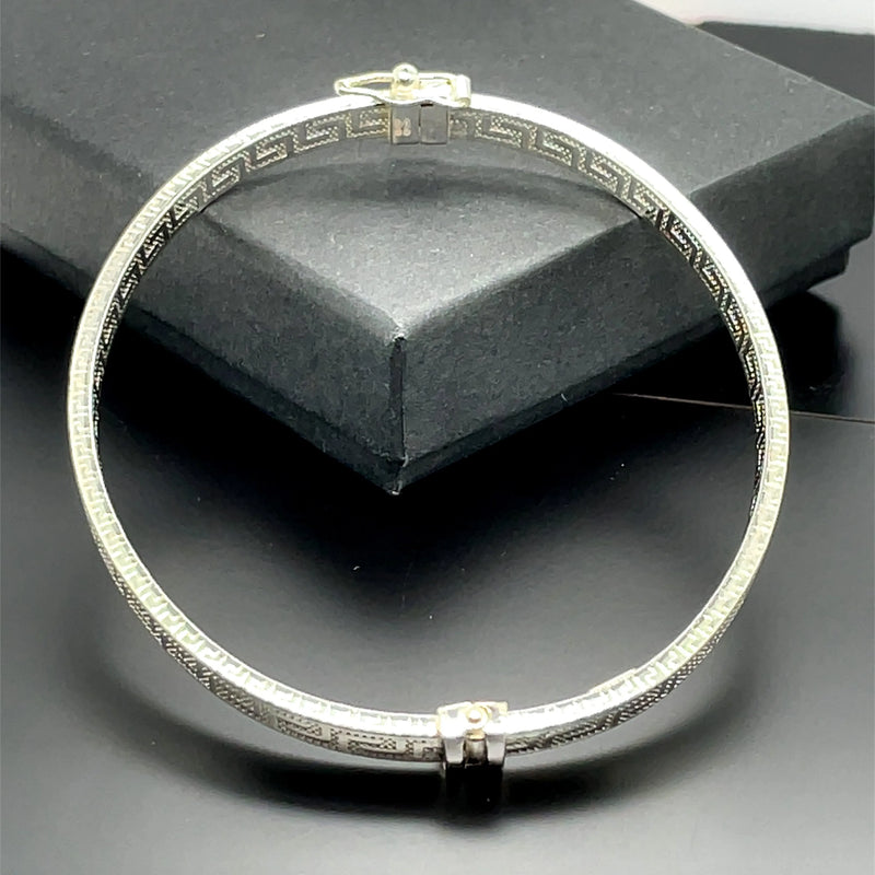 Silver Ladies Oval Greek Design Hinged Bangle | Shop Online Sarraf Jewellers UK