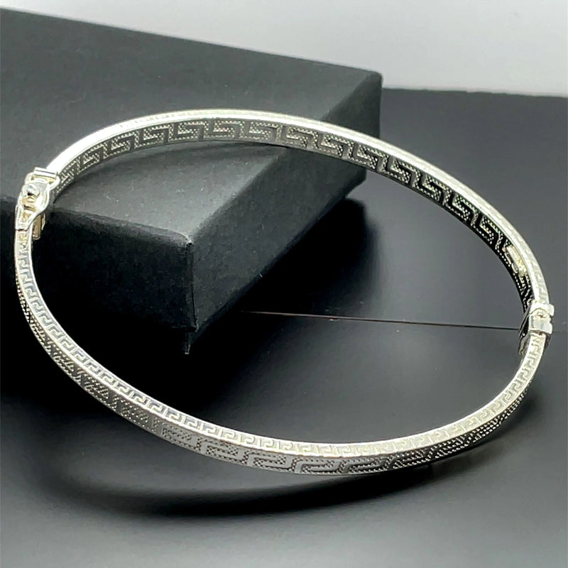 Silver Ladies Oval Greek Design Hinged Bangle | Shop Online Sarraf Jewellers UK