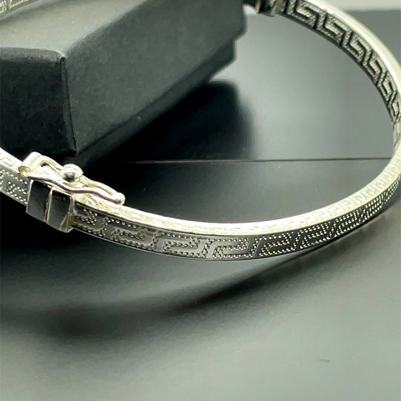 Silver Ladies Oval Greek Design Hinged Bangle | Shop Online Sarraf Jewellers UK