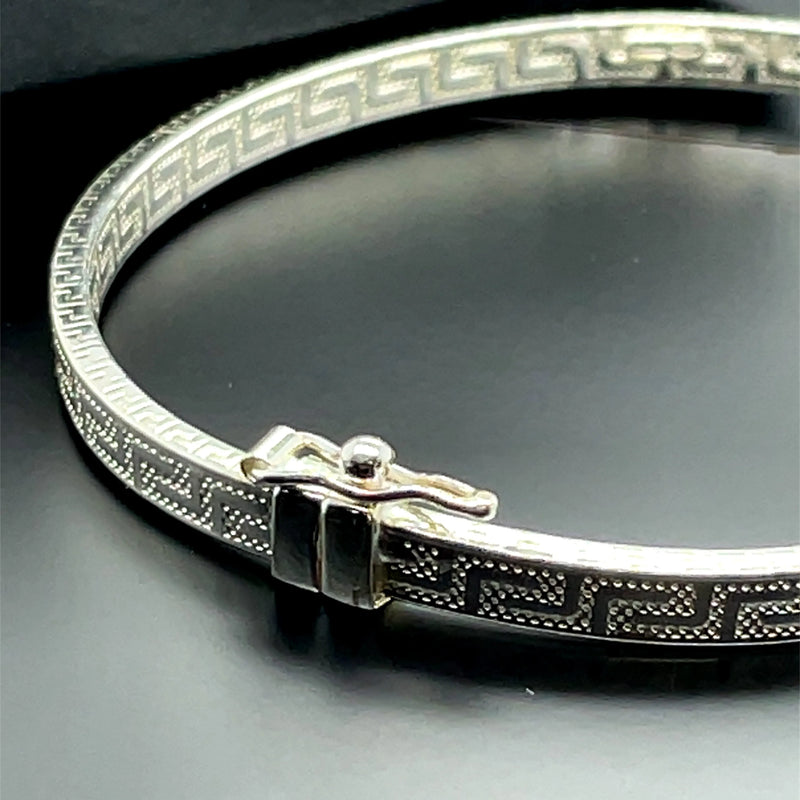 Silver Ladies Oval Greek Design Hinged Bangle | Shop Online Sarraf Jewellers UK