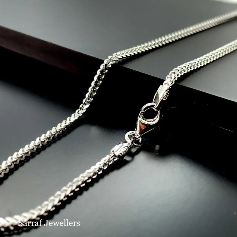 Silver Franco Chain V-Cut Design Rhodium Plated Necklace UK Hallmarked | Shop Online Sarraf Jewellers UK