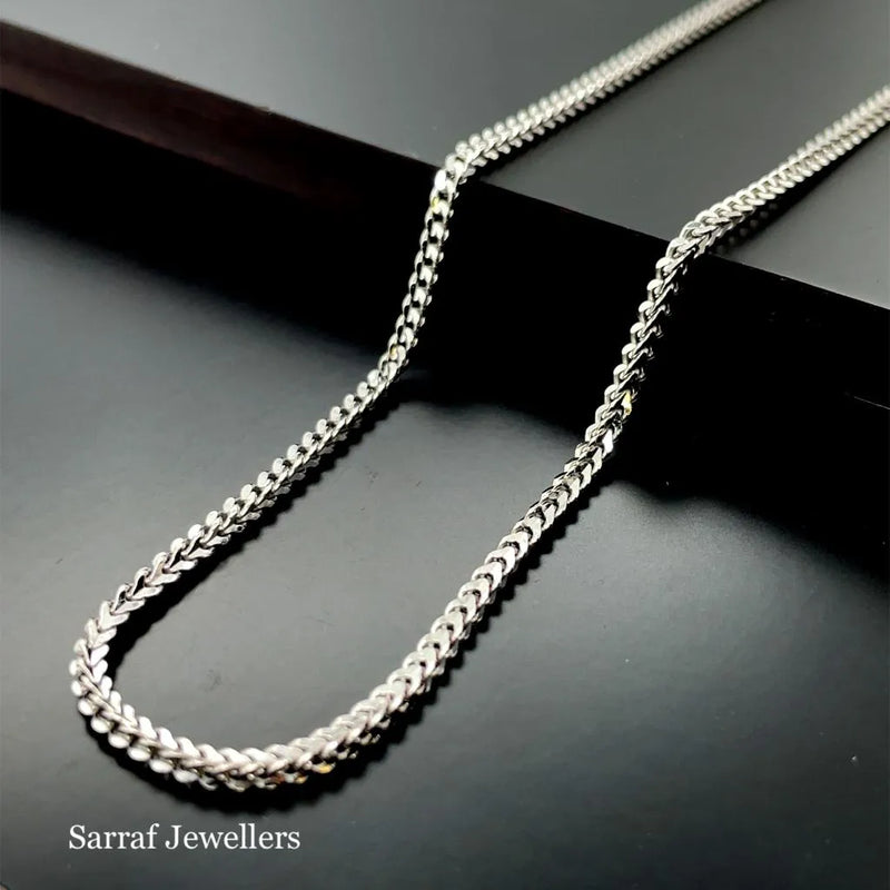 Silver Franco Chain V-Cut Design Rhodium Plated Necklace UK Hallmarked | Shop Online Sarraf Jewellers UK