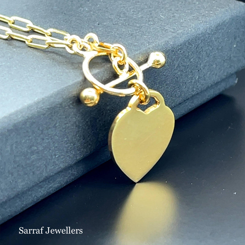 Gold on Silver T-Bar Heart Charm Paperclip Link Bracelet Ladies Plain Desing | Shop Online Sarraf Jewellers UK - Sarraf Jewellers