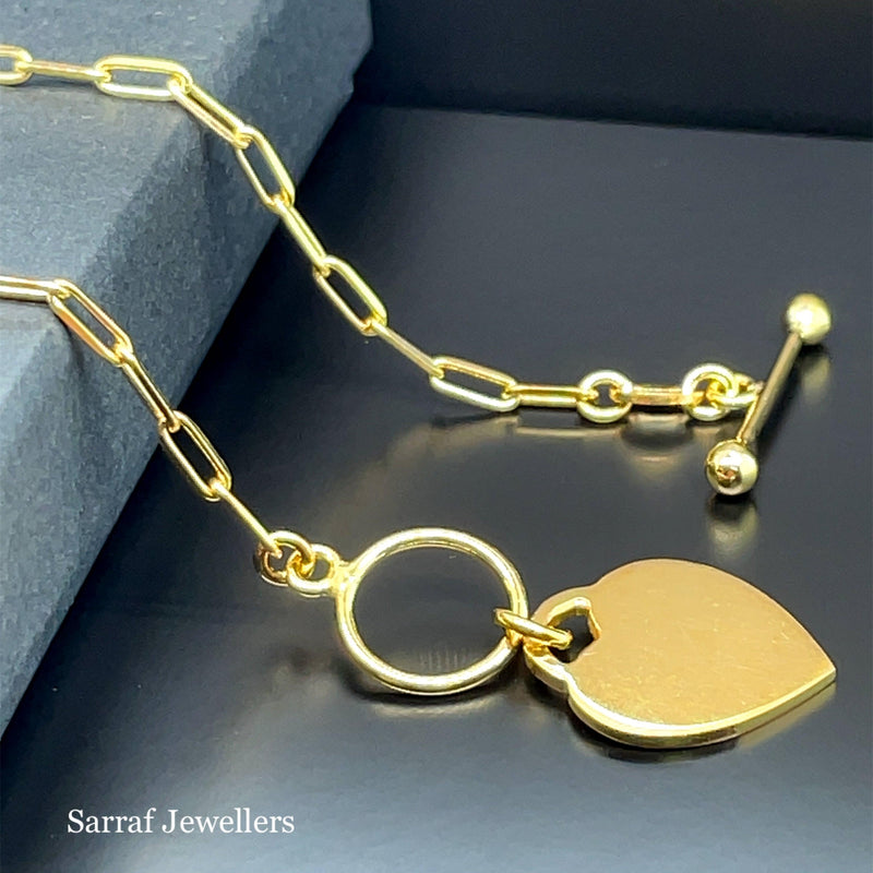 Gold on Silver T-Bar Heart Charm Paperclip Link Bracelet Ladies Plain Desing | Shop Online Sarraf Jewellers UK - Sarraf Jewellers