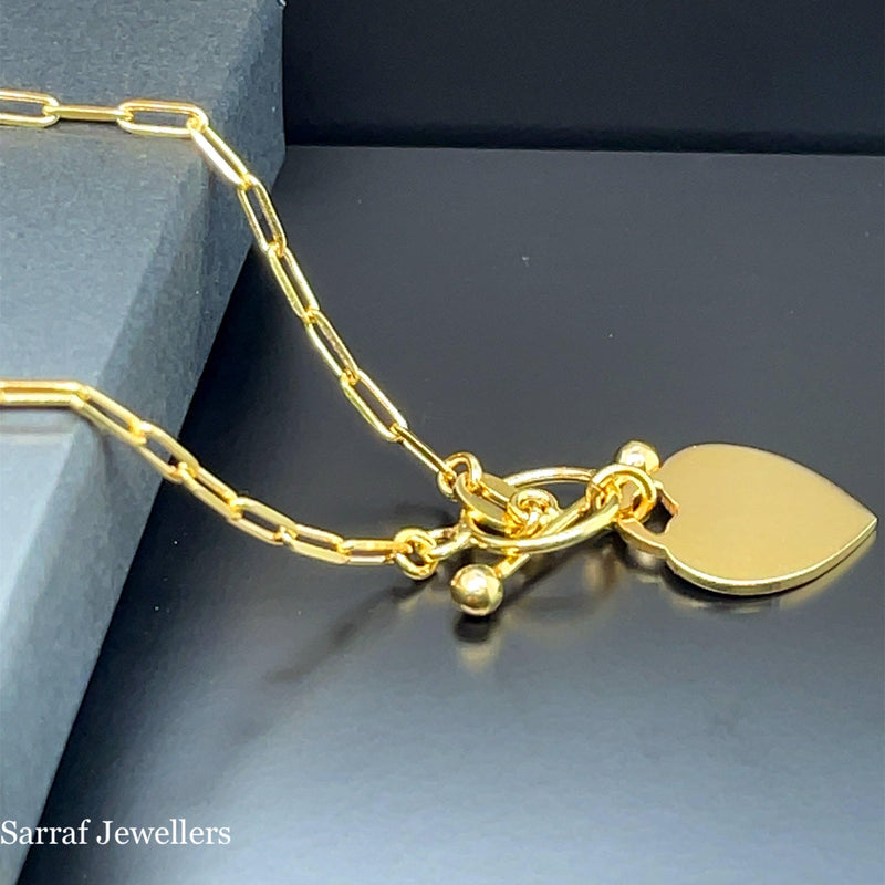 Gold on Silver T-Bar Heart Charm Paperclip Link Bracelet Ladies Plain Desing | Shop Online Sarraf Jewellers UK - Sarraf Jewellers