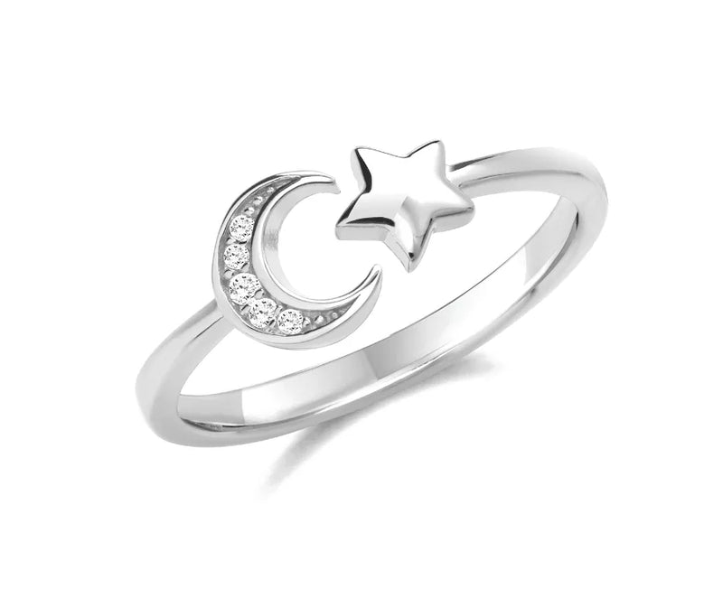 Ladies MOON STAR RING 925 Sterling Silver Rhodium Plated Simulated Diamond CZ Design UK Hallmarked | Shop Online Sarraf Jewellers UK - Sarraf Jewellers