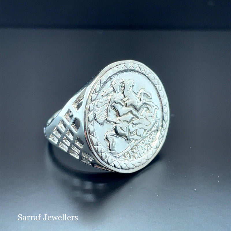 Mens Silver St. George Ring Dragon Slayer Plain Design UK Hallmarked | Shop Online Sarraf Jewellers UK - Sarraf Jewellers