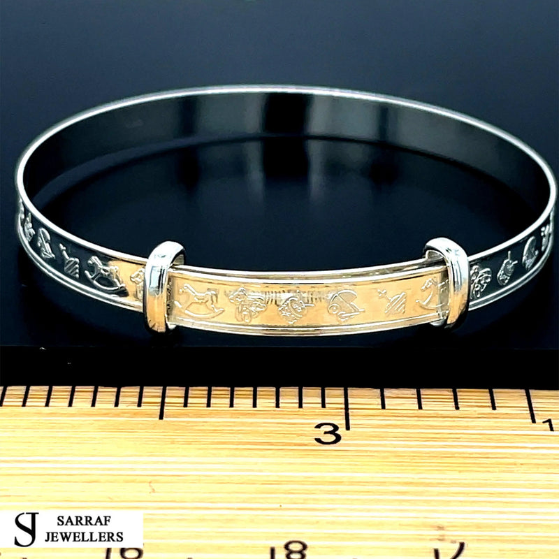 Silver Baby Bangle Child Expandable 925 SOLID Cute Embossed Symbols Pattern NEW* - Sarraf Jewellers