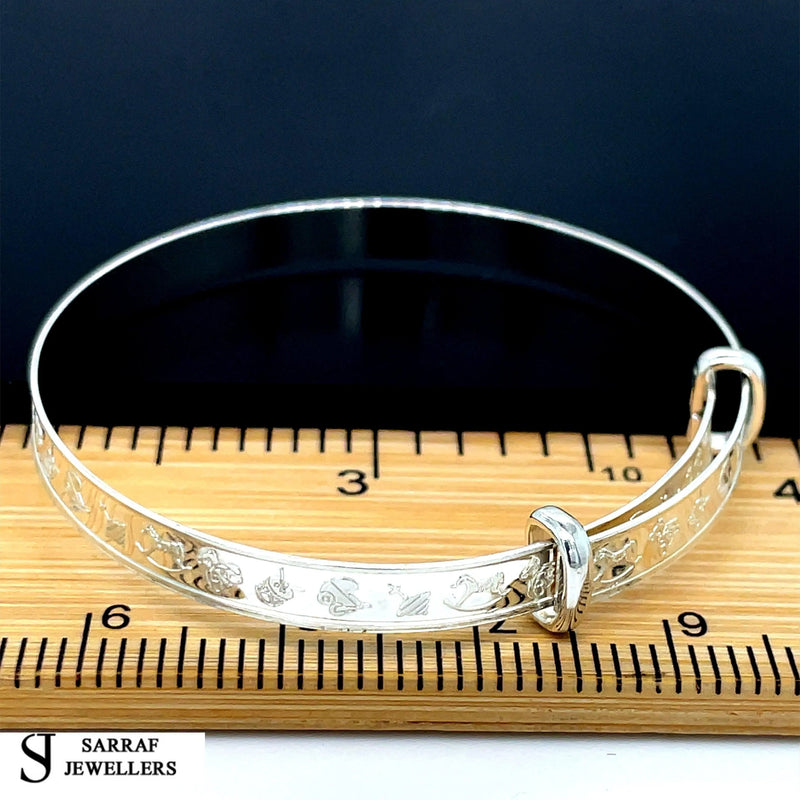 Silver Baby Bangle Child Expandable 925 SOLID Cute Embossed Symbols Pattern NEW* - Sarraf Jewellers