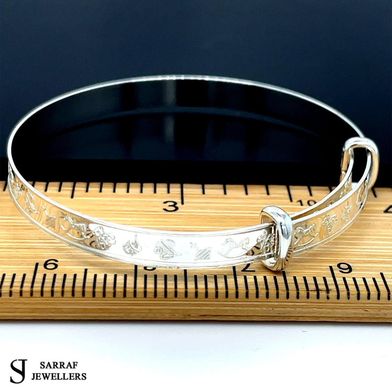 Silver Baby Bangle Child Expandable 925 SOLID Cute Embossed Symbols Pattern NEW* - Sarraf Jewellers