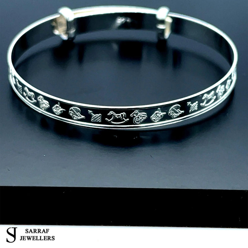 Silver Baby Bangle Child Expandable 925 SOLID Cute Embossed Symbols Pattern NEW* - Sarraf Jewellers