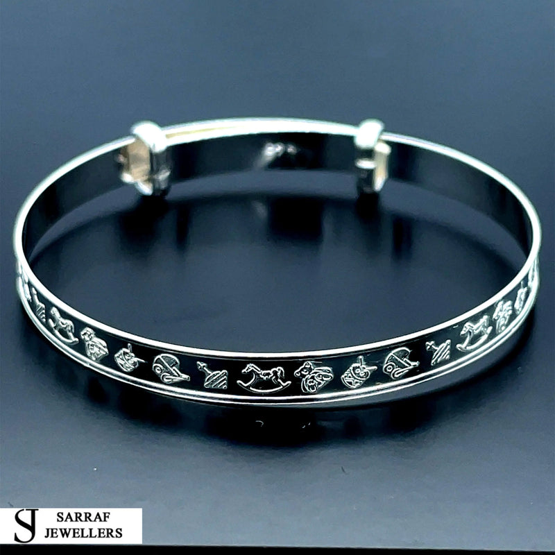 Silver Baby Bangle Child Expandable 925 SOLID Cute Embossed Symbols Pattern NEW* - Sarraf Jewellers