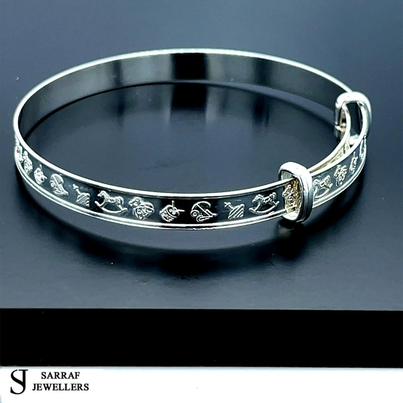 Silver Baby Bangle Child Expandable 925 SOLID Cute Embossed Symbols Pattern NEW* - Sarraf Jewellers