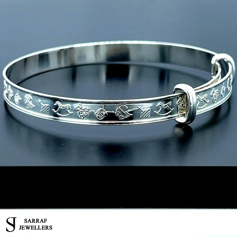 Silver Baby Bangle Child Expandable 925 SOLID Cute Embossed Symbols Pattern NEW* - Sarraf Jewellers