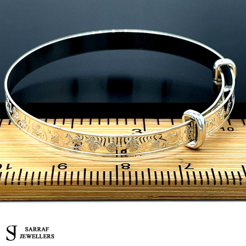 Silver Baby Bangle Child Expandable 925 SOLID Cute Embossed Symbols Pattern NEW* - Sarraf Jewellers