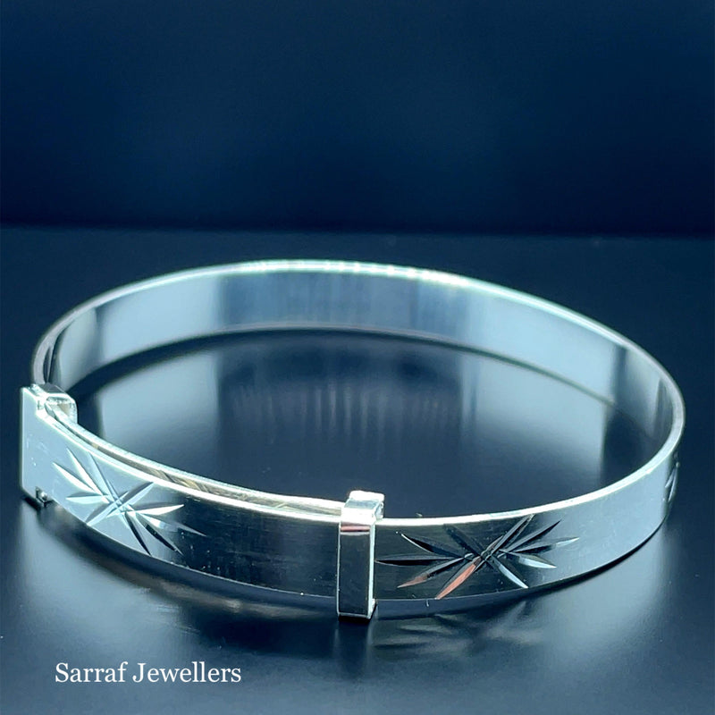 Silver Baby Bangle Star Diamond Cut Expandable | Sarraf Jewellers UK - Sarraf Jewellers