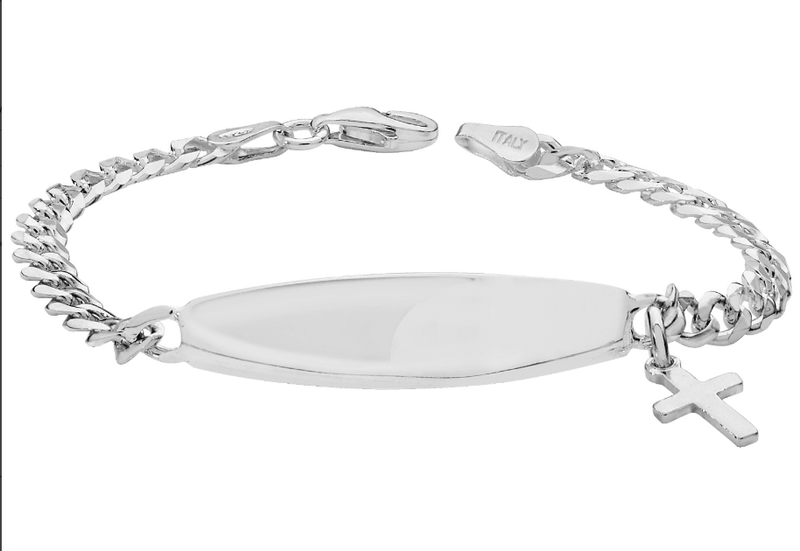 Silver Baby Cross Charm ID Bangle Oval Design | Shop Online Sarraf Jewellers UK - Sarraf Jewellers