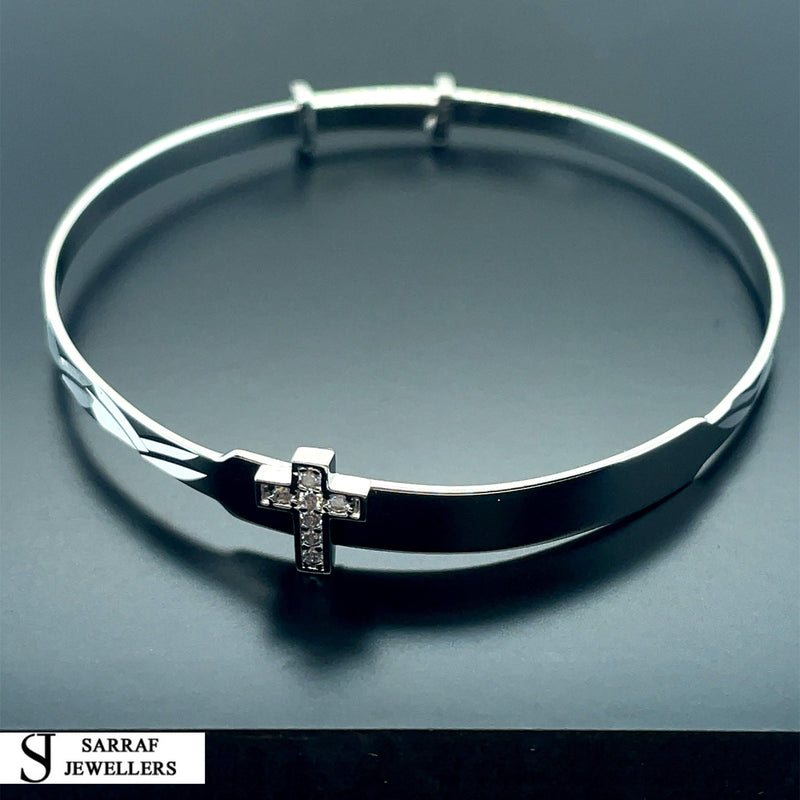 Silver Baby Cross Design ID Bangle Diamond Cut Simulated Diamond | Shop Online Sarraf Jewellers - Sarraf Jewellers