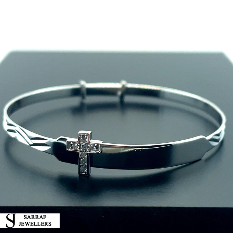 Silver Baby Cross Design ID Bangle Diamond Cut Simulated Diamond | Shop Online Sarraf Jewellers - Sarraf Jewellers