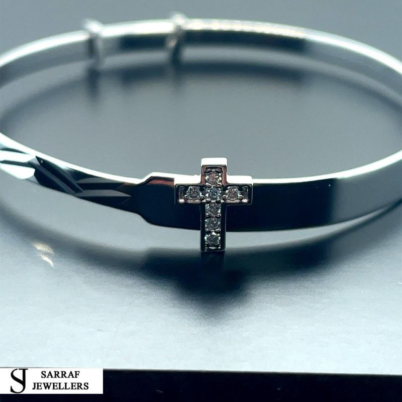 Silver Baby Cross Design ID Bangle Diamond Cut Simulated Diamond | Shop Online Sarraf Jewellers - Sarraf Jewellers