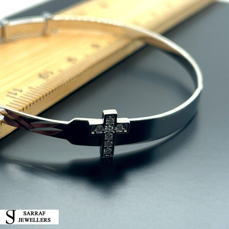 Silver Baby Cross Design ID Bangle Diamond Cut Simulated Diamond | Shop Online Sarraf Jewellers - Sarraf Jewellers