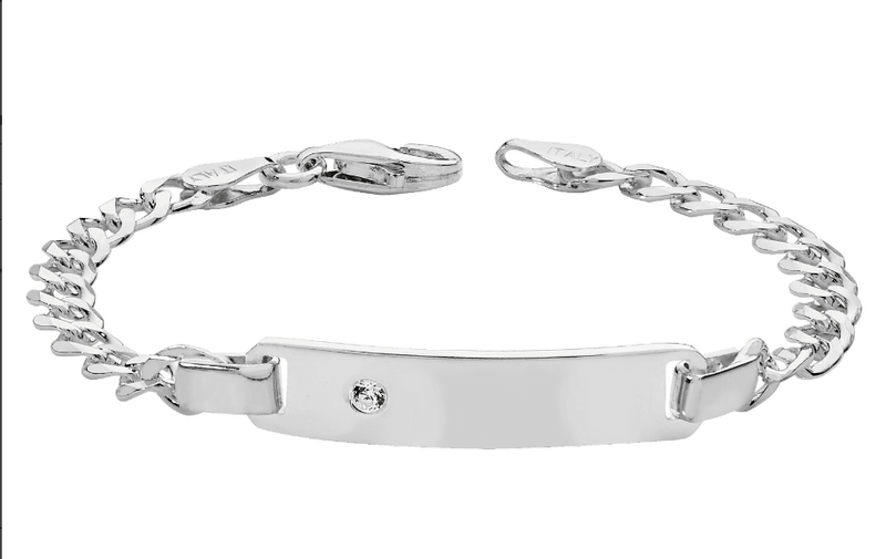 Silver Baby Curb Link ID Bracelet CZ Simulated Diamond Free Engraving | Shop Online Sarraf Jewellers UK - Sarraf Jewellers