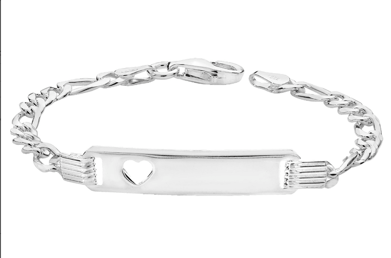 Silver Baby Cut Out Heart Figaro Link ID Bracelet Free Engraving | Shop Online Sarraf Jewellers UK - Sarraf Jewellers