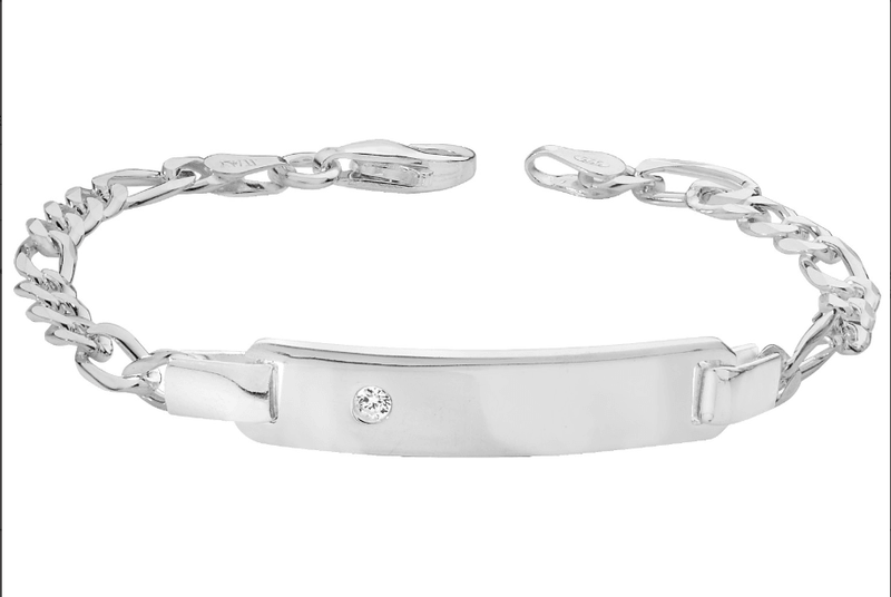 Silver Baby Figaro Link ID Bracelet CZ Simulated Diamond Free Engraving | Shop Online Sarraf Jewellers UK - Sarraf Jewellers