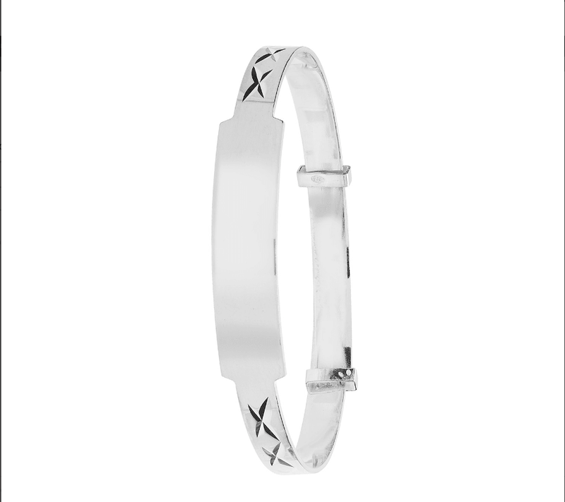 Silver Baby ID Bangle Cross Pattern DC Engravable Expandable | Sarraf Jewellers UK - Sarraf Jewellers