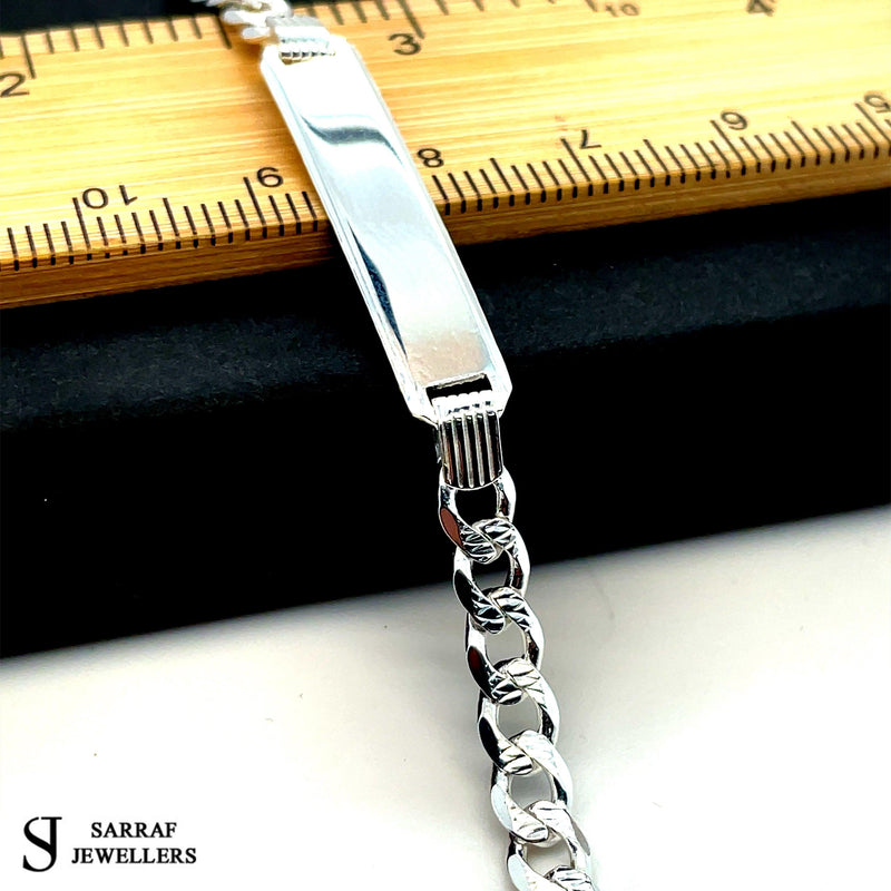 Silver Baby Pave Curb Link ID Bracelet Plain Design Free Engraving | Shop Online Sarraf Jewellers UK - Sarraf Jewellers