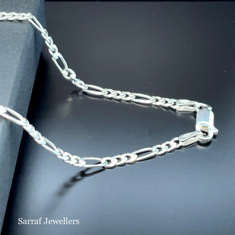 Silver Figaro Chain Plain Light Necklace UK Hallmarked | Shop Online Sarraf Jewellers UK - Sarraf Jewellers