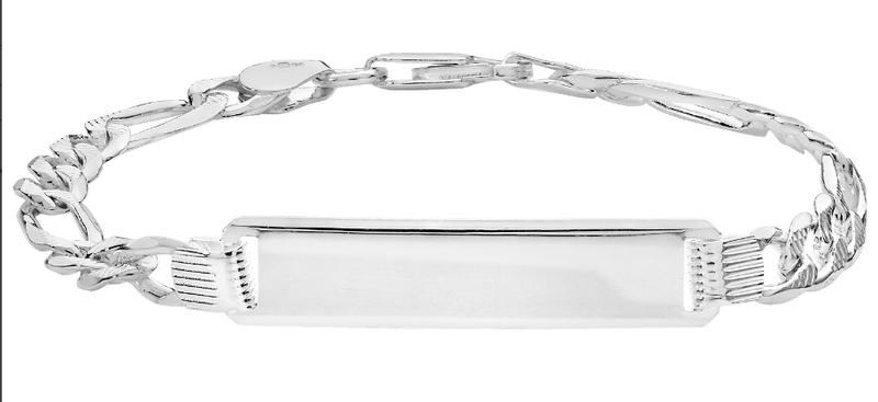 Silver Figaro Pave Link ID Bracelet Ladies Plain Design Free Engraving | Shop Online Sarraf Jewellers UK - Sarraf Jewellers