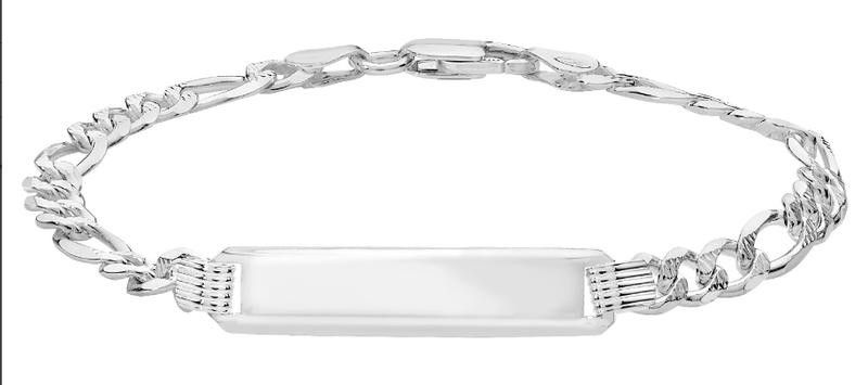 Silver Figaro Pave Link Ladies ID Bracelet Plain Design Free Engraving | Shop Online Sarraf Jewellers UK - Sarraf Jewellers