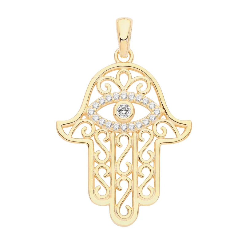 Silver HAMSA HAND Evil Eye PENDANTS 925 Sterling Silver Rhodium Plated & Gold Plated Simulated Diamond CZ Design UK Hallmarked | Shop Online Sarraf Jewellers UK - Sarraf Jewellers