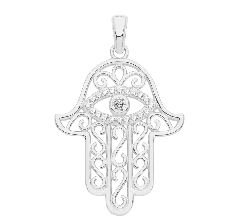 Silver HAMSA HAND Evil Eye PENDANTS 925 Sterling Silver Rhodium Plated & Gold Plated Simulated Diamond CZ Design UK Hallmarked | Shop Online Sarraf Jewellers UK - Sarraf Jewellers