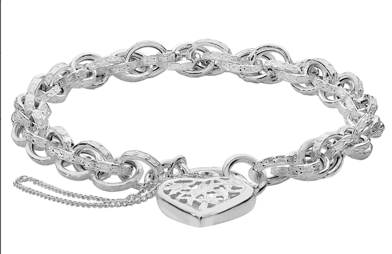 Silver Ladies Charm Bracelet Heart Padlock Victorian Link | Shop Online Sarraf Jewellers UK - Sarraf Jewellers