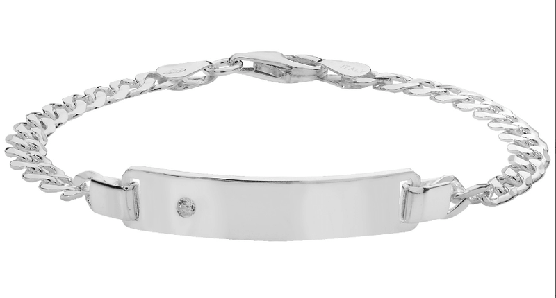 Silver Ladies Curb Link ID Bracelet CZ Simulated Diamond Free Engraving | Shop Online Sarraf Jewellers UK - Sarraf Jewellers