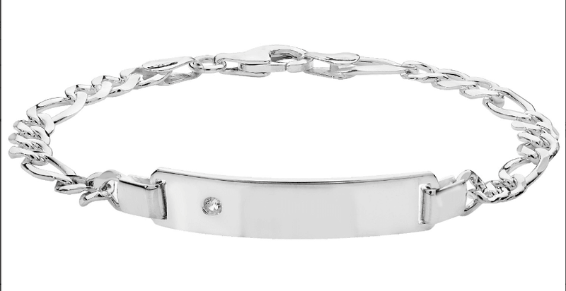 Silver Ladies Figaro Link ID Bracelet CZ Simulated Diamond Free Engraving | Shop Online Sarraf Jewellers UK - Sarraf Jewellers