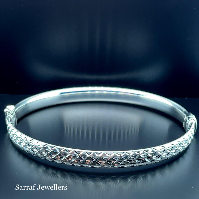 Silver Ladies Frosted Hinged Bangle Oval Diamond Cut Design | Shop Online Sarraf Jewellers UK - Sarraf Jewellers