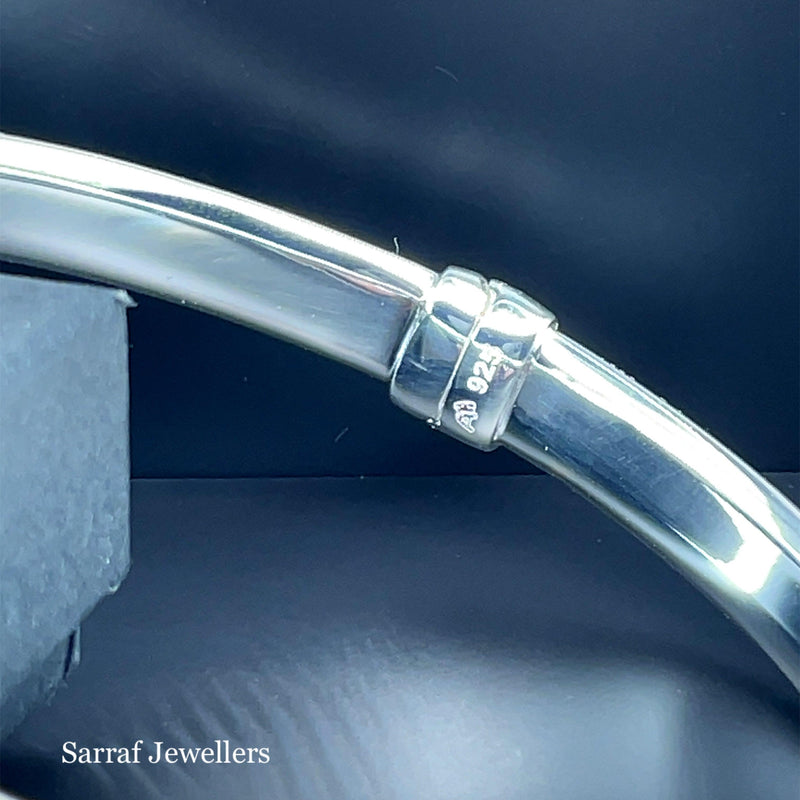 Silver Ladies Frosted Hinged Bangle Oval Diamond Cut Design | Shop Online Sarraf Jewellers UK - Sarraf Jewellers