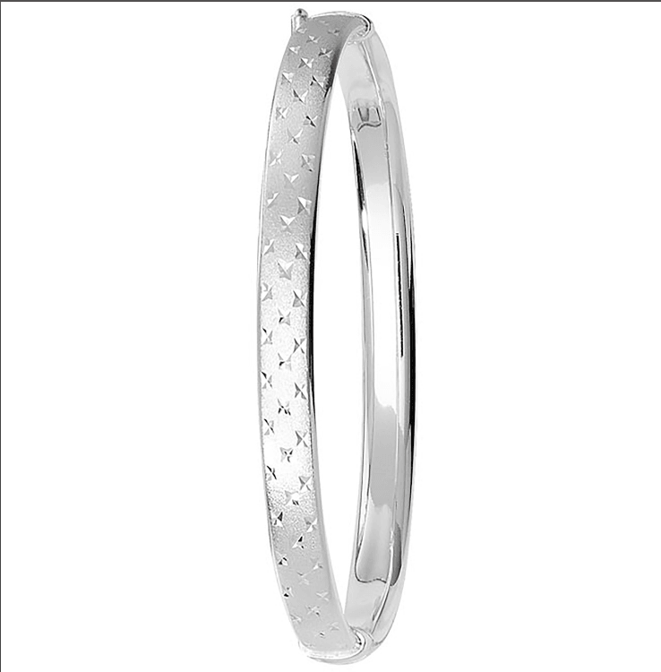 Silver Ladies Frosted Hinged Bangle Oval Diamond Cut Design | Shop Online Sarraf Jewellers UK - Sarraf Jewellers