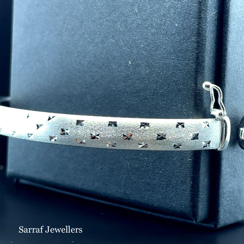 Silver Ladies Frosted Hinged Bangle Oval Diamond Cut Design | Shop Online Sarraf Jewellers UK - Sarraf Jewellers