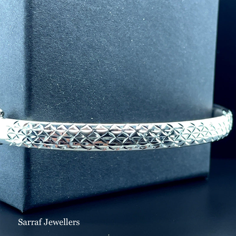 Silver Ladies Frosted Hinged Bangle Oval Diamond Cut Design | Shop Online Sarraf Jewellers UK - Sarraf Jewellers