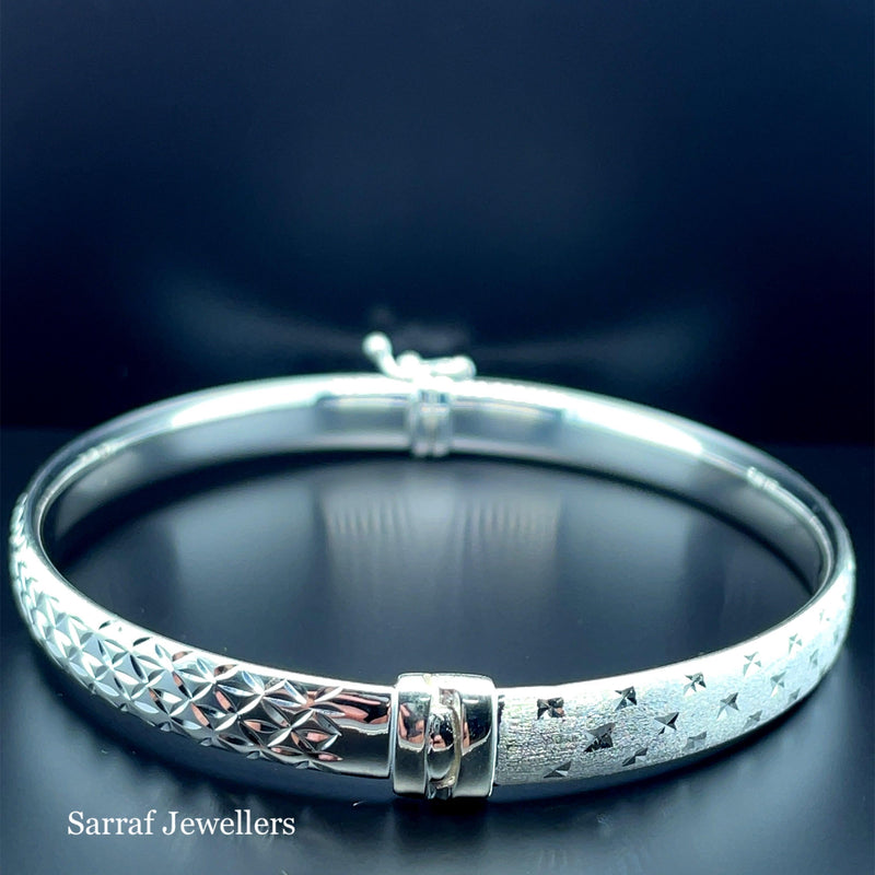 Silver Ladies Frosted Hinged Bangle Oval Diamond Cut Design | Shop Online Sarraf Jewellers UK - Sarraf Jewellers