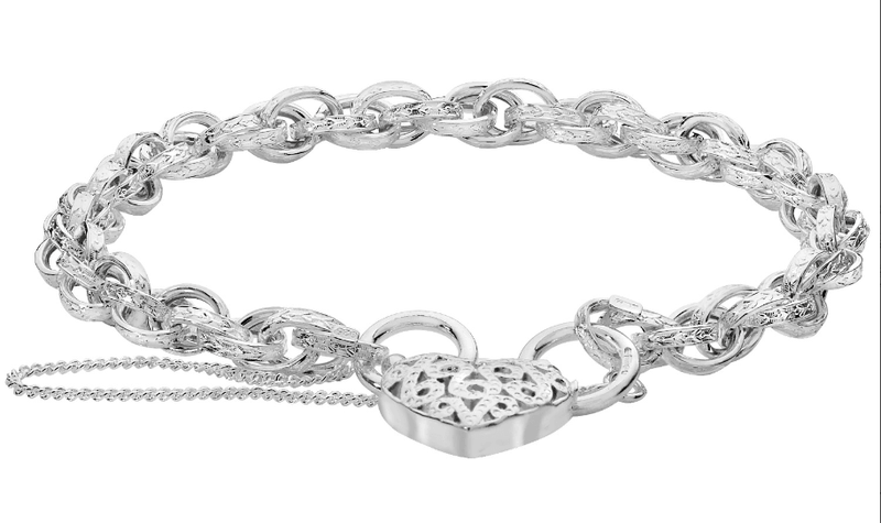 Silver Ladies Heart Padlock Victorian Link Charm Bracelet | Shop Online Sarraf Jewellers UK - Sarraf Jewellers