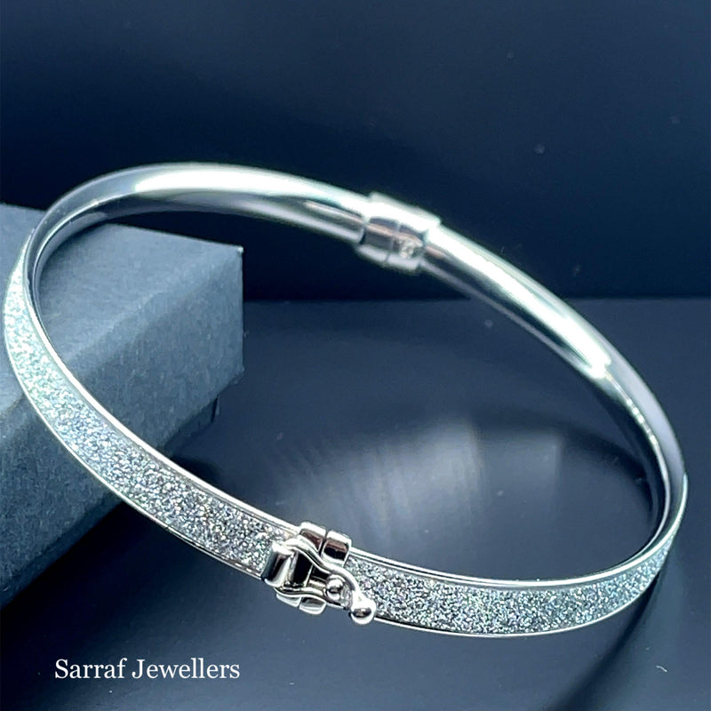 Silver Ladies Moondust Design Hinged Bangle | Shop Online Sarraf Jewellers UK - Sarraf Jewellers